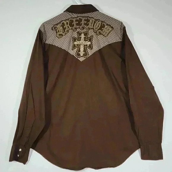 Vintage‎ GUESS Men's Cowboy Shirt L Slim "Freedom" Cross Embroidered Snaps Brown - Picture 3 of 13